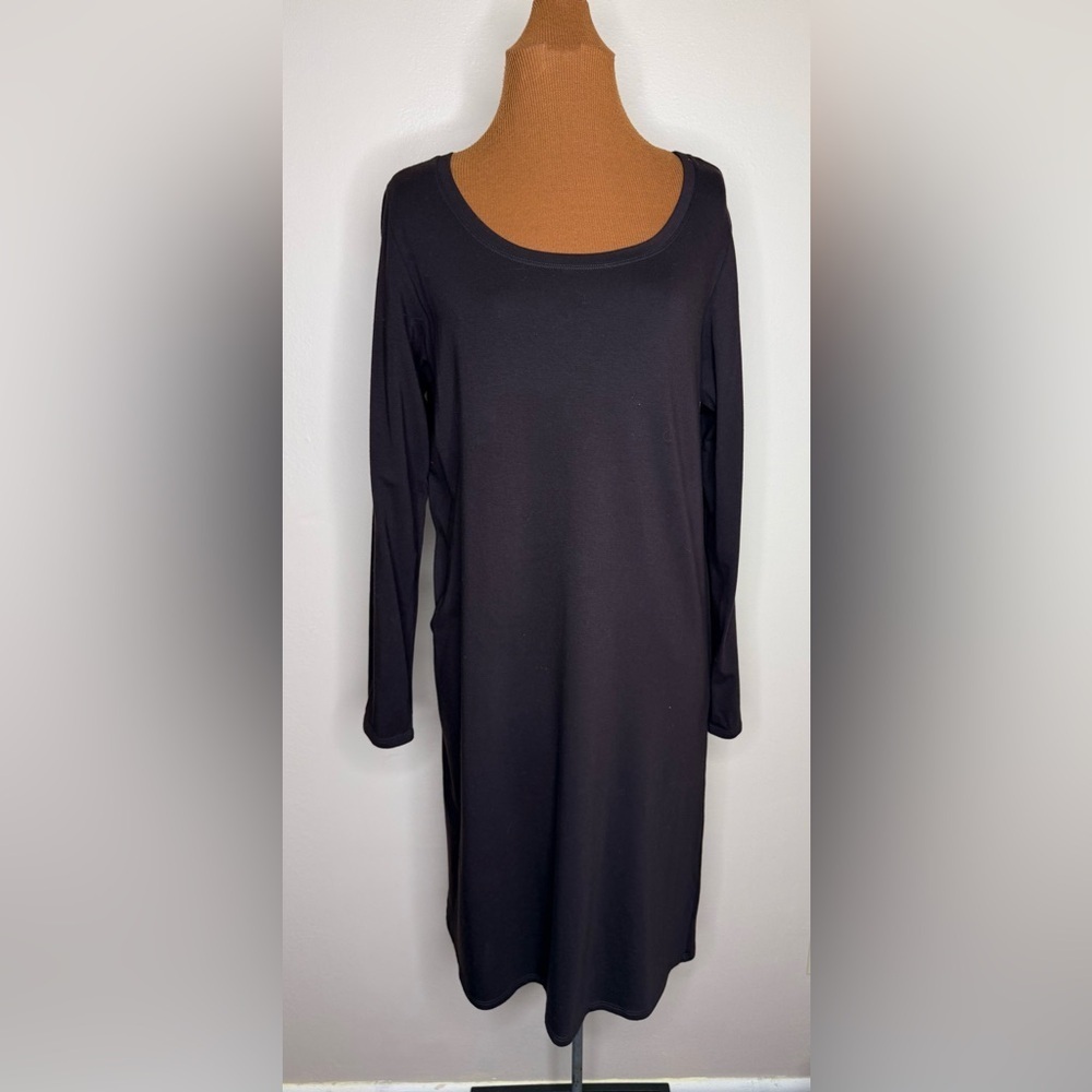 Eileen Fisher Dark Brown Long Sleeve Scoop Neck Jersey Stretch Dress Size Medium